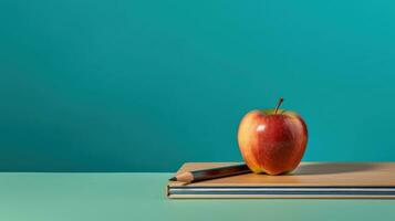 educación concepto manzana en un apilar de libros escolares ai generado foto