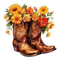 vaquero botas con flores clipart en blanco antecedentes ai generado foto