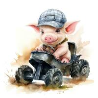 Cute Baby Pig Driving a Tractor  Watercolor Clipart on White Background AI Generated photo