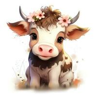adorable bebé vaca con flor corona clipart en blanco antecedentes ai generado foto