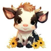 adorable dibujos animados estilo clipart de un linda bebé vaca con minimalista girasoles ai generado foto