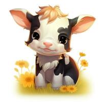 adorable bebé vaca con minimalista girasoles dibujos animados estilo clipart ai generado foto