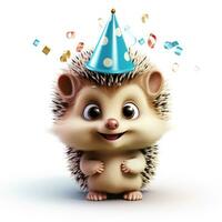 Adorable Hedgehog Wearing Birthday Hat Clipart on White Background AI Generated photo