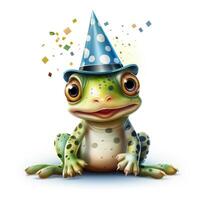 Adorable Frog Wearing Birthday Hat Clipart on White Background AI Generated photo