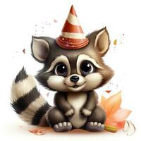 adorable mapache vistiendo cumpleaños sombrero clipart en blanco antecedentes ai generado foto