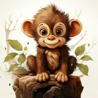adorable mono guardería pared Arte en blanco antecedentes ai generado foto