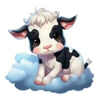 adorable dibujos animados estilo clipart de un linda dormido bebé vaca en un nube ai generado foto