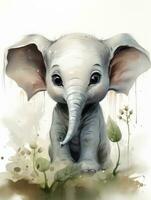 Adorable Watercolor Baby Elephant Clipart on White Background AI Generated photo
