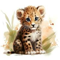 Adorable Watercolor Baby Leopard Clipart on White Background AI Generated photo