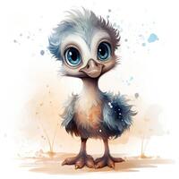 Adorable Watercolor Baby Ostrich Clipart on White Background AI Generated photo