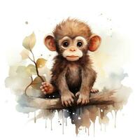 Adorable Watercolor Monkey Clipart on White Background AI Generated photo