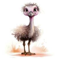 Adorable Watercolor Ostrich Clipart on White Background AI Generated photo