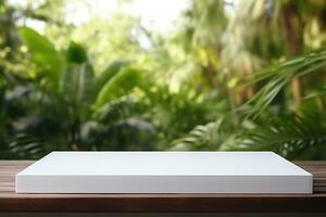 Serene Jungle Escape on White Wooden Tabletop AI Generated photo