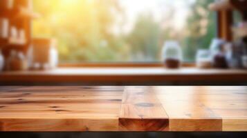 Empty Wood Table Top with Blurred Kitchen Background AI Generated photo