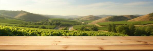 Rustic Wood Table Top with Blurred Vineyard Landscape AI Generated photo