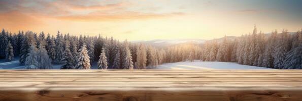 Winter Landscape on Blurred Wood Table Top AI Generated photo