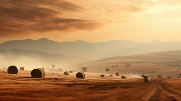 Misty Autumn Field with Hay Bales AI Generated photo