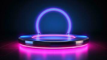 Futuristic Podium with Neon Light Glow AI Generated photo
