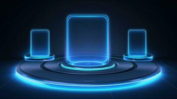 Futuristic HiTech Podium with Neon Light Glow AI Generated photo
