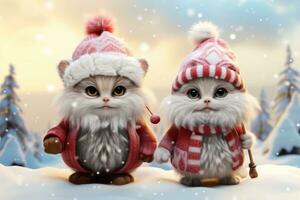 Festive Snowy Portrait of Adorable Christmas Gnomes AI Generated photo