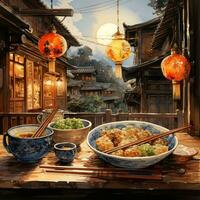 Evening at a Japanese Noodles House  Watercolor Painting in Van Gogh Style AI Generated photo