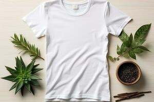 White TShirt Flat Lay Overview Shot AI Generated photo