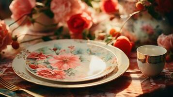 Floral Themed Handpainted Tableware on White Rustic Background AI Generated photo