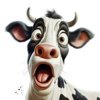 sorprendido dibujos animados vaca en blanco antecedentes ai generado foto