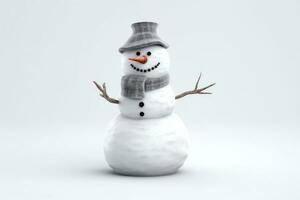 Cheerful Snowman Against a White Studio Background AI Generated photo