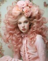 Elegant Rococo Fashion Photography with Pink Hair AI Generated photo