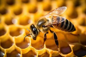 Closeup of a Honeybee on the Comb AI Generated photo