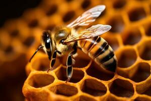 de cerca de un abeja en un peine ai generado foto