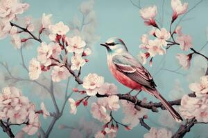 Delicate Bird on Light Blue Wallpaper Design AI Generated photo