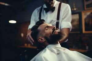 retro glamour hombre consiguiendo su barba fijo en barbería ai generado foto