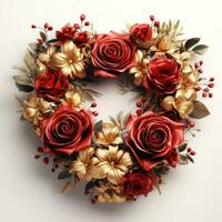 minimalista rojo Rosa flor guirnalda en el forma de un corazón alrededor un Delgado oro marco ai generado foto