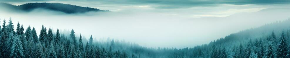 encantador invierno bosque en niebla ai generado foto