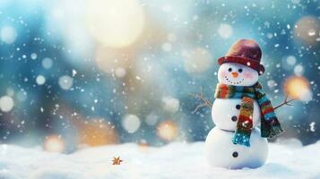 Colorful Vintage Snowman in a Winter Wonderland AI Generated photo