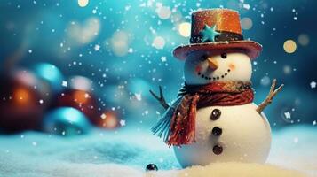 Adorable Vintage Snowman in Vibrant Winter Scene AI Generated photo