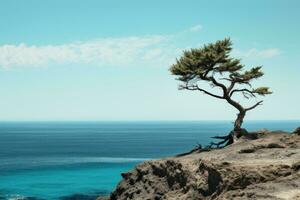 sereno pino árbol en lanzarote acantilado y playa ai generado foto