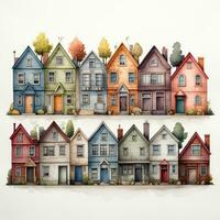 Colorful Watercolor Houses on White Background AI Generated photo