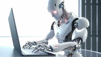 Futuristic Robot Android Working on Computer Machine AI Generated photo