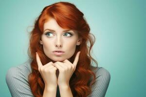 Thoughtful Redhead Woman with Hands on Cheek on Blue Background AI Generated photo
