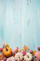 Rustic Wood Pumpkin Flat Lay Background AI Generated photo