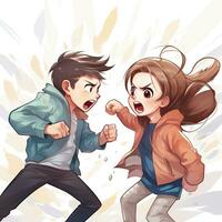 Sibling Rivalry Boy and Girl Fighting Each Other in Comic Style on White Background AI Generated photo