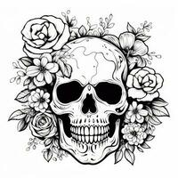 Floral Skull Coloring Page on White Background AI Generated photo