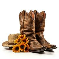 Vintage Cowboy Boots with Hat and Flowers AI Generated photo