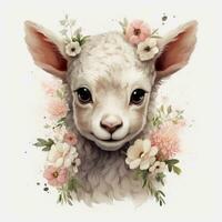 Spring Lamb with Minimalist Flowers on White Background AI Generated photo