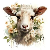 Spring Lamb with Minimalist Flowers on White Background AI Generated photo