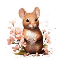 Spring Mouse with Minimalist Flowers on White Background AI Generated photo