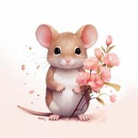 Spring Mouse with Minimalist Flowers AI Generated photo